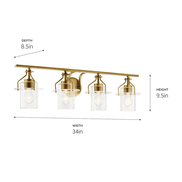Kichler Everett 34in 4-Light Vanity Light | Brushed Brass Steel with Clear Glass | Bathroom Vanity & Powder Room Light | 4x75W A19 | Model 55080NBR