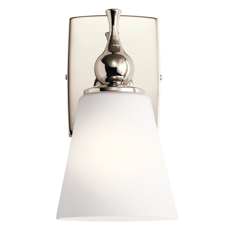 Kichler Cosabella 6in 1-Light Wall Sconce | Mid-Century Polished Nickel and Etched White Glass | Bedroom & Hallway Accent | Model 55090PN