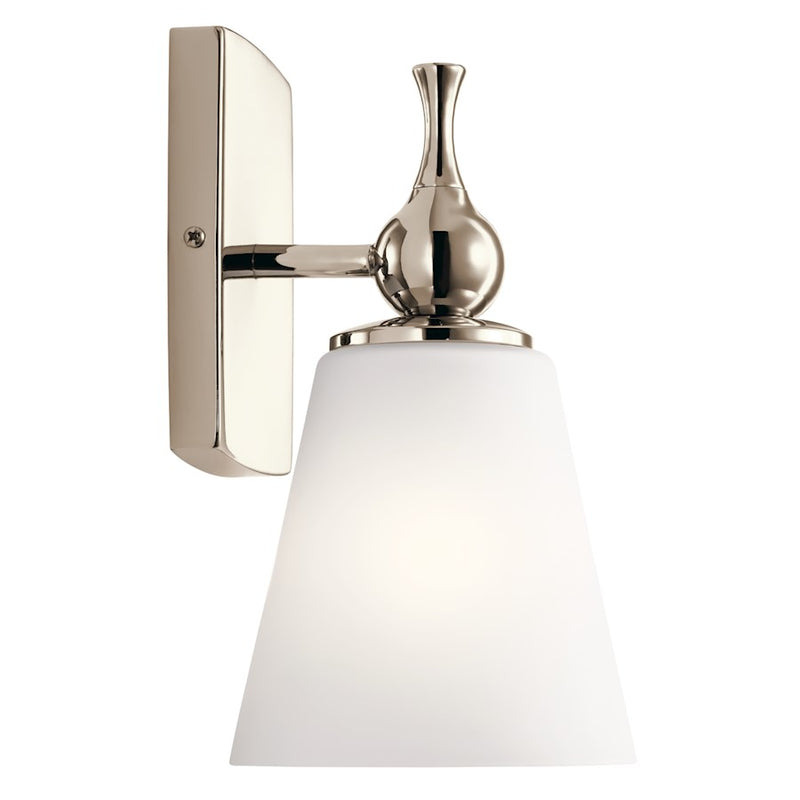 Kichler Cosabella 6in 1-Light Wall Sconce | Mid-Century Polished Nickel and Etched White Glass | Bedroom & Hallway Accent | Model 55090PN