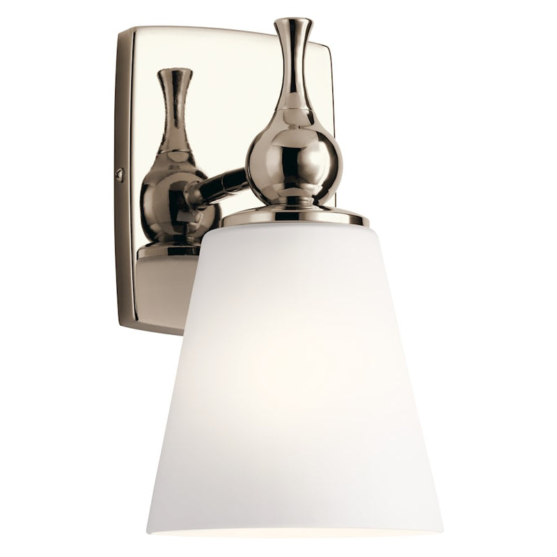 Kichler Cosabella 6in 1-Light Wall Sconce | Mid-Century Polished Nickel and Etched White Glass | Bedroom & Hallway Accent | Model 55090PN