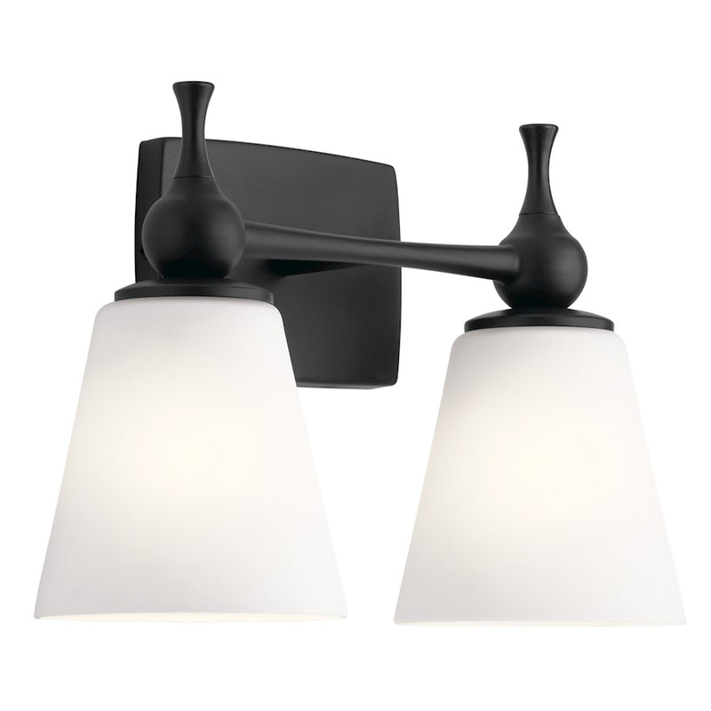 Kichler Cosabella 15in 2-Light Vanity Light | Soft Contemporary Black Steel and Etched White Glass | Bathroom Vanity | 15 x 10.25 x 6.5 in | Model 55091BK