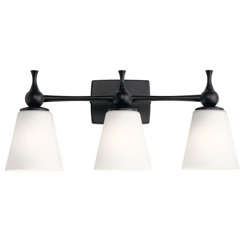 Kichler Cosabella 24in 3-Light Vanity Light | Soft Contemporary Black Steel and Etched White Glass | Bathroom Vanity | 24 x 6.5 x 10.25 in | Model 55092BK