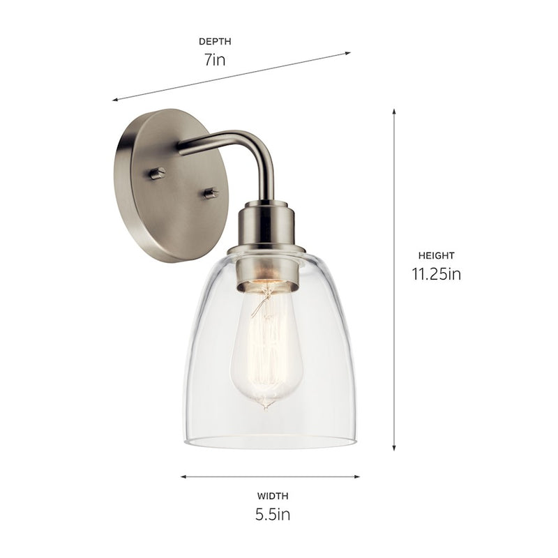 Kichler Meller 1-Light Wall Sconce | Industrial Nickel Textured and Clear Glass | Hallway & Bathroom Accent | 5.5 x 11.25 in | Model 55100NI