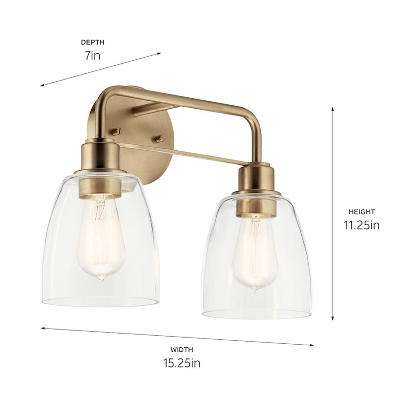 Kichler Meller 15in 2-Light Vanity Light | Industrial Champagne Bronze & Clear Glass | Bathroom & Powder Room Vanity Light | 2x 60W A19 | Model 55101CPZ