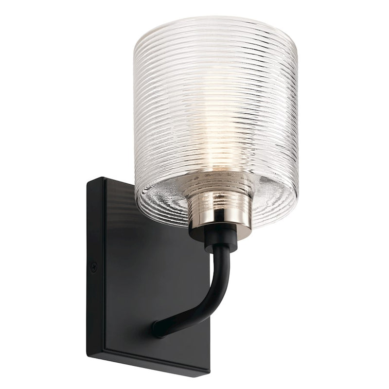 Kichler Harvan 1-Light Wall Sconce | Vintage Industrial Satin Nickel and Clear Ribbed Glass | Bathroom & Hallway | 5 x 9.5 x 6.5 in | Model 55105SN