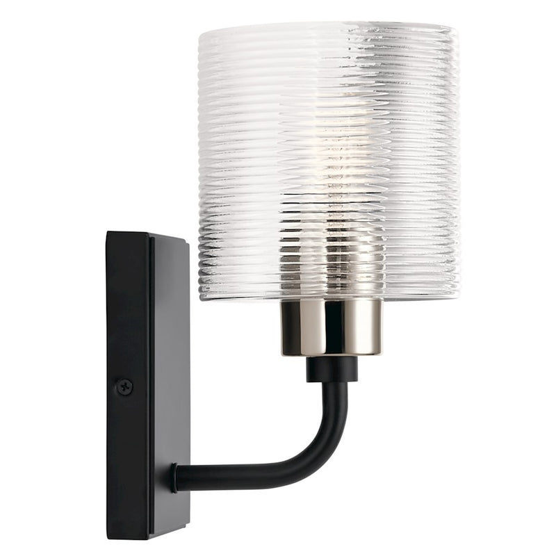 Kichler Harvan 1-Light Wall Sconce | Vintage Industrial Satin Nickel and Clear Ribbed Glass | Bathroom & Hallway | 5 x 9.5 x 6.5 in | Model 55105SN