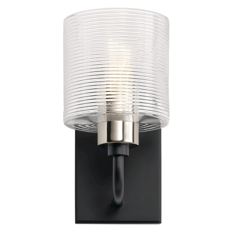 Kichler Harvan 1-Light Wall Sconce | Vintage Industrial Satin Nickel and Clear Ribbed Glass | Bathroom & Hallway | 5 x 9.5 x 6.5 in | Model 55105SN