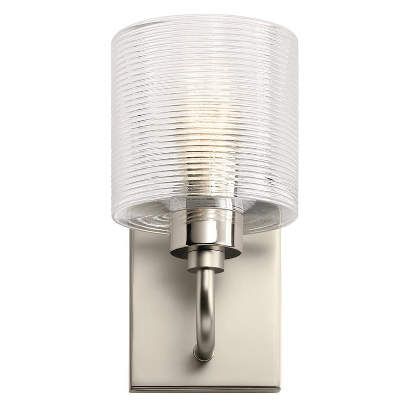 Kichler Harvan 1-Light Wall Sconce | Vintage Industrial Satin Nickel and Clear Ribbed Glass | Bathroom & Hallway | 5 x 9.5 x 6.5 in | Model 55105SN