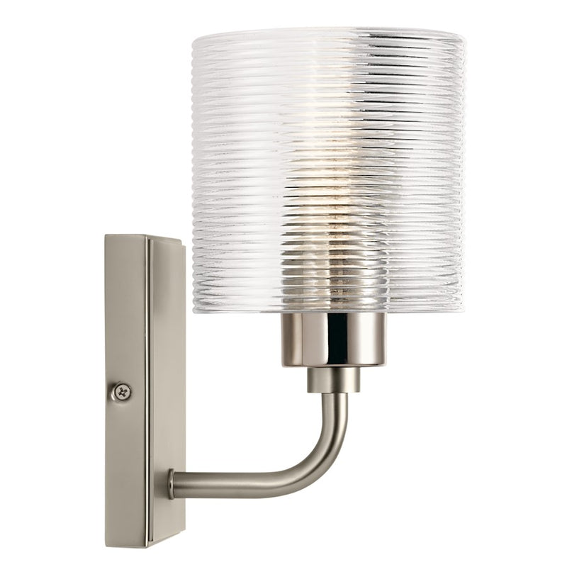Kichler Harvan 1-Light Wall Sconce | Vintage Industrial Satin Nickel and Clear Ribbed Glass | Bathroom & Hallway | 5 x 9.5 x 6.5 in | Model 55105SN