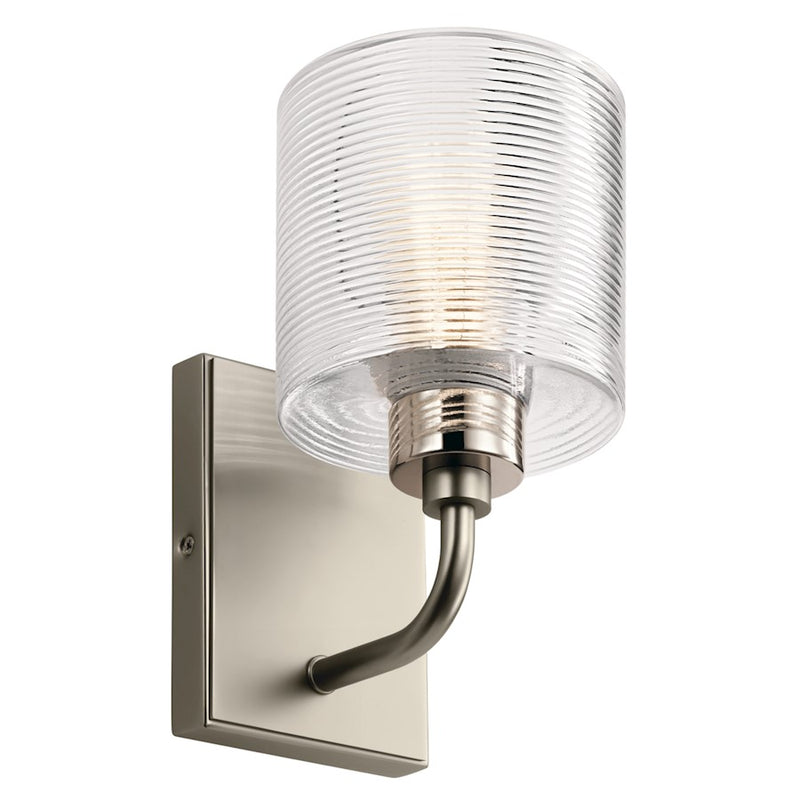Kichler Harvan 1-Light Wall Sconce | Vintage Industrial Satin Nickel and Clear Ribbed Glass | Bathroom & Hallway | 5 x 9.5 x 6.5 in | Model 55105SN