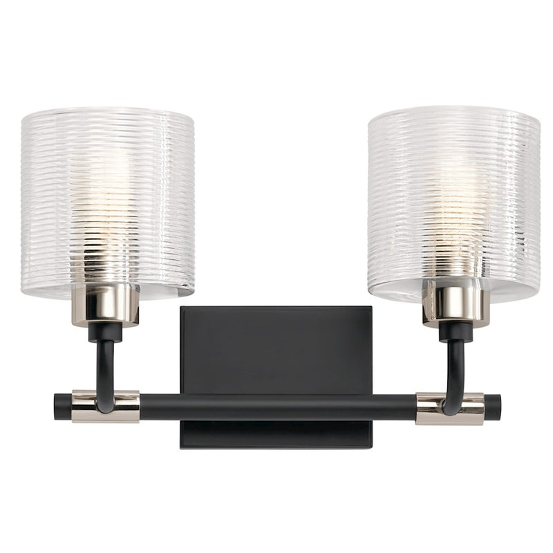 Kichler Harvan 15in 2-Light Vanity Light | Industrial Black Steel and Clear Ribbed Glass | Bathroom Vanity Light | 15 x 9.55 x 6.5 in | Model 55106BK