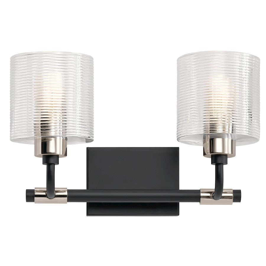 Kichler Harvan 15in 2-Light Vanity Light | Industrial Black Steel and Clear Ribbed Glass | Bathroom Vanity Light | 15 x 9.55 x 6.5 in | Model 55106BK