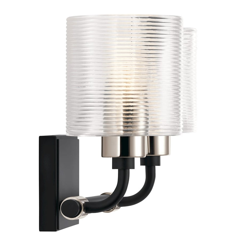 Kichler Harvan 15in 2-Light Vanity Light | Industrial Black Steel and Clear Ribbed Glass | Bathroom Vanity Light | 15 x 9.55 x 6.5 in | Model 55106BK