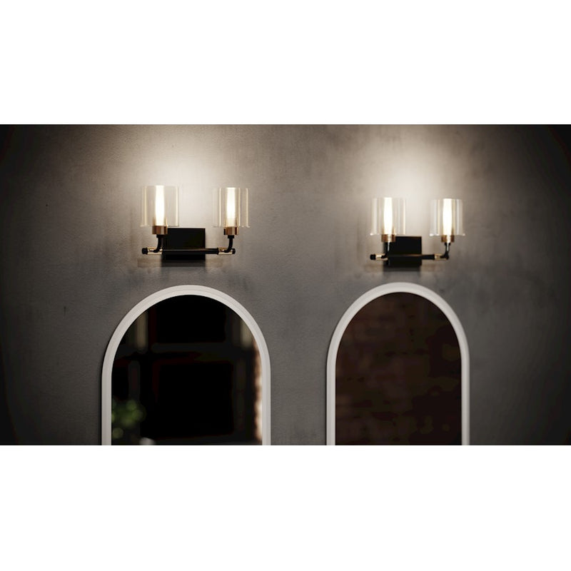 Kichler Harvan 15in 2-Light Vanity Light | Industrial Black Steel and Clear Ribbed Glass | Bathroom Vanity Light | 15 x 9.55 x 6.5 in | Model 55106BK