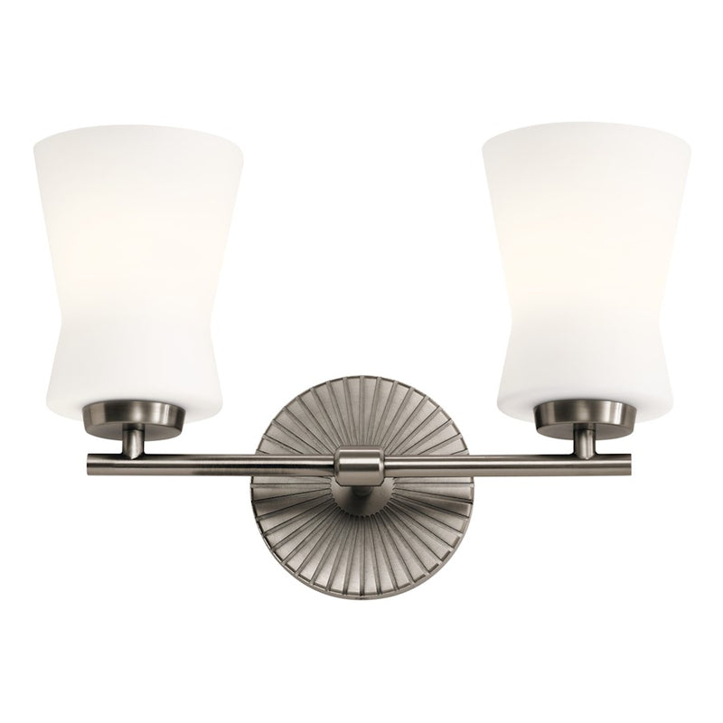 Kichler Brianne 14.5in 2-Light Vanity Light | Art Deco Classic Pewter Steel with Satin Etched Opal Glass | Bathroom & Powder Room Light | Model 55116CLP