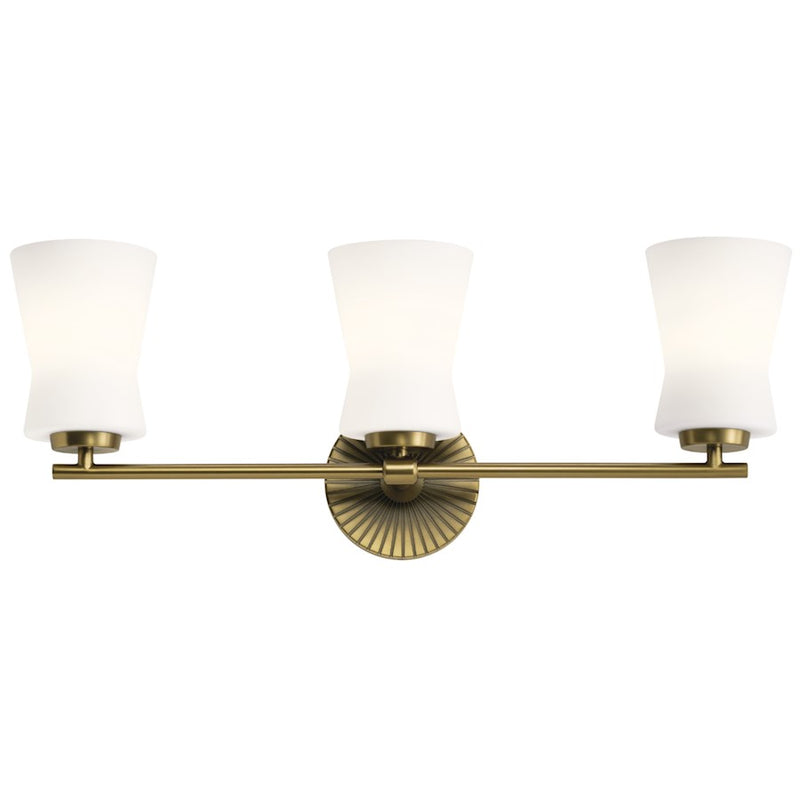 Kichler Brianne 24.5in 3-Light Vanity Light | Art Deco Brushed Natural Brass Steel and White Glass | Bathroom Vanity | 24.5 x 9.5 x 5.75 | Model 55117BNB