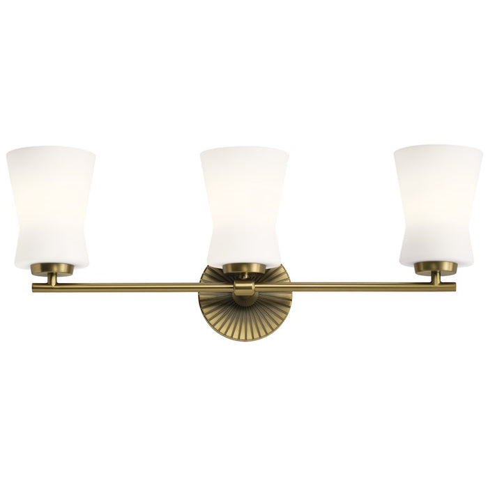 Kichler Brianne 24.5in 3-Light Vanity Light | Art Deco Brushed Natural Brass Steel and White Glass | Bathroom Vanity | 24.5 x 9.5 x 5.75 | Model 55117BNB