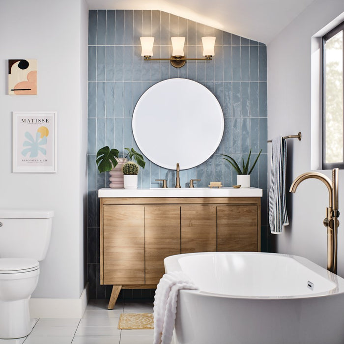 Kichler Brianne 24.5in 3-Light Vanity Light | Art Deco Brushed Natural Brass Steel and White Glass | Bathroom Vanity | 24.5 x 9.5 x 5.75 | Model 55117BNB