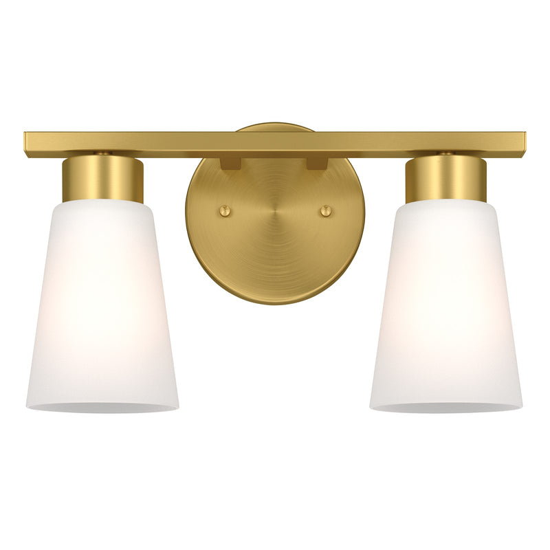 Kichler Stamos 13.25in 2-Light Vanity Light | Modern Brushed Gold Steel and Clear Satin Etched Glass | Bathroom Vanity | 13.25 x 8.25 in | Model 55120BG