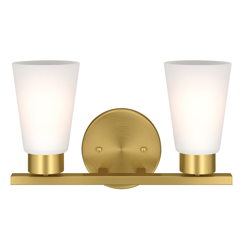 Kichler Stamos 13.25in 2-Light Vanity Light | Modern Brushed Gold Steel and Clear Satin Etched Glass | Bathroom Vanity | 13.25 x 8.25 in | Model 55120BG