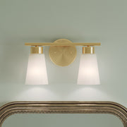 Kichler Stamos 13.25in 2-Light Vanity Light | Modern Brushed Gold Steel and Clear Satin Etched Glass | Bathroom Vanity | 13.25 x 8.25 in | Model 55120BG