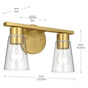 Kichler Stamos 13.25in 2-Light Vanity Light | Modern Brushed Gold Steel and Clear Glass | Bathroom Vanity | 13.25 x 8.25 in | Model 55120BGCLR