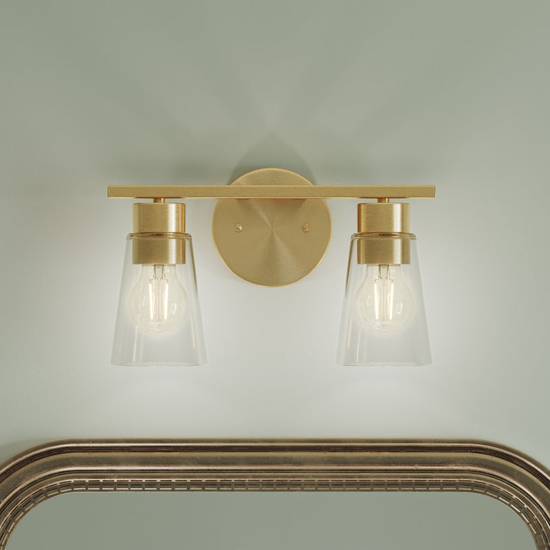 Kichler Stamos 13.25in 2-Light Vanity Light | Modern Brushed Gold Steel and Clear Glass | Bathroom Vanity | 13.25 x 8.25 in | Model 55120BGCLR