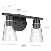 Kichler Stamos 13.25in 2-Light Vanity Light | Modern Black Steel and Clear Glass | Bathroom Vanity | 13.25 x 8.25 in | Model 55120BKCLR