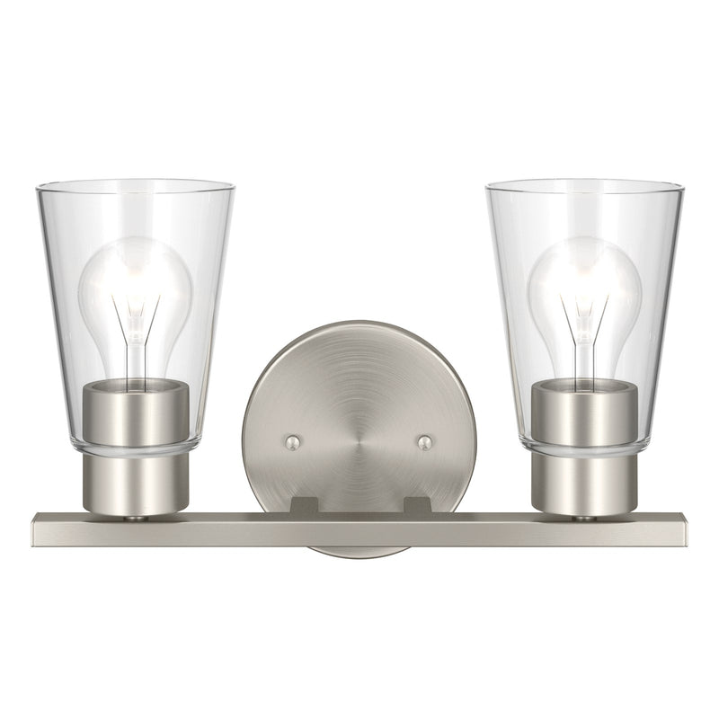 Kichler Stamos 13.25in 2-Light Vanity Light | Modern Brushed Nickel Steel and Clear Glass | Bathroom Vanity | 13.25 x 8.25 in | Model 55120NICLR