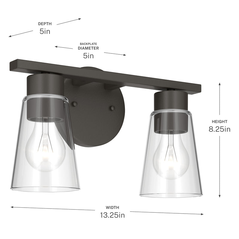 Kichler Stamos 13.25in 2-Light Bathroom Vanity Light | Modern Olde Bronze Steel and Clear Glass | Bathroom Vanity | 13.25 x 8.25 in | Model 55120OZCLR