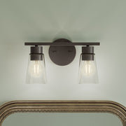 Kichler Stamos 13.25in 2-Light Bathroom Vanity Light | Modern Olde Bronze Steel and Clear Glass | Bathroom Vanity | 13.25 x 8.25 in | Model 55120OZCLR