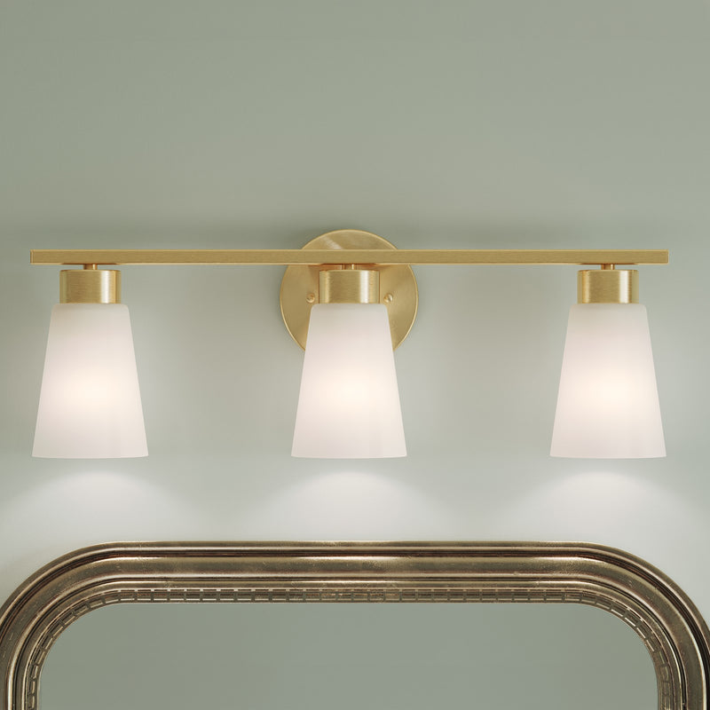 Kichler Stamos 22.25in 3-Light Bathroom Vanity Light | Modern Brushed Gold Steel and Satin Etched Glass | Bathroom Vanity | 22.25 x 8.25 in | Model 55121BG