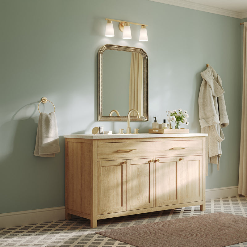 Kichler Stamos 22.25in 3-Light Bathroom Vanity Light | Modern Brushed Gold Steel and Satin Etched Glass | Bathroom Vanity | 22.25 x 8.25 in | Model 55121BG