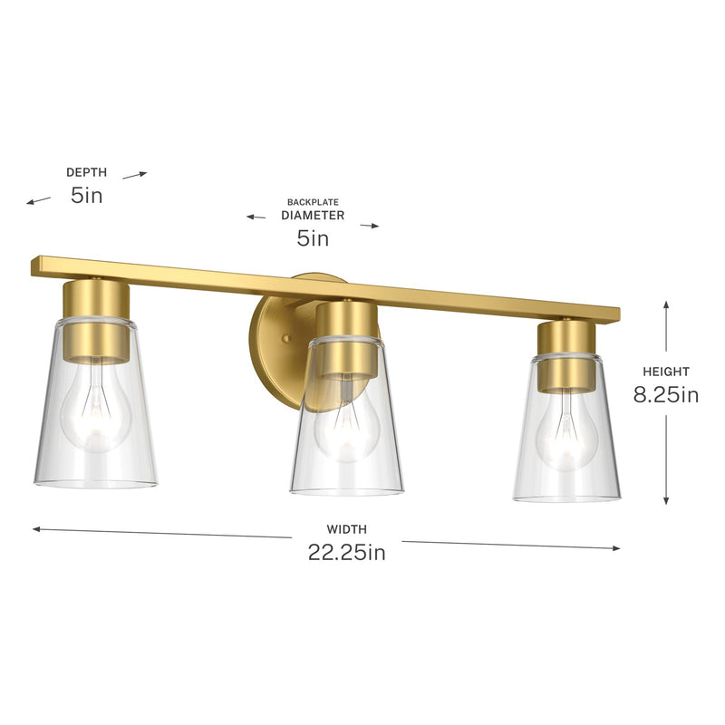 Kichler Stamos 22.25in 3-Light Bathroom Vanity Light | Modern Brushed Gold Steel and Clear Glass | Bathroom Vanity | 22.25 x 8.25 in | Model 55121BGCLR