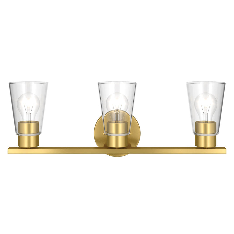 Kichler Stamos 22.25in 3-Light Bathroom Vanity Light | Modern Brushed Gold Steel and Clear Glass | Bathroom Vanity | 22.25 x 8.25 in | Model 55121BGCLR