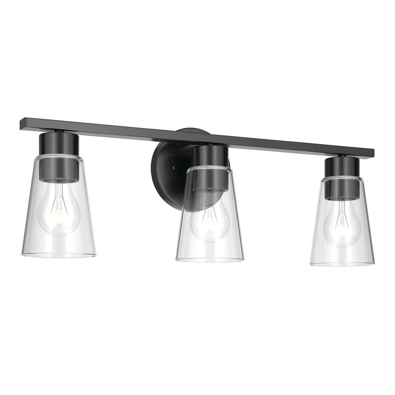 Kichler Stamos 22.25in 3-Light Bathroom Vanity Light | Modern Black Steel and Clear Glass | Bathroom Vanity | 22.25 x 8.25 in | Model 55121BKCLR