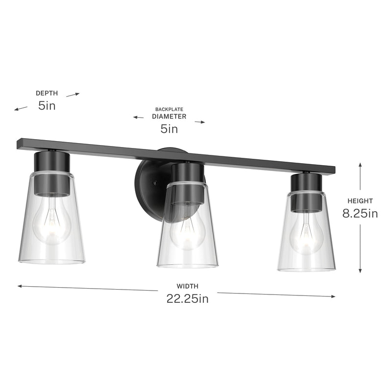 Kichler Stamos 22.25in 3-Light Bathroom Vanity Light | Modern Black Steel and Clear Glass | Bathroom Vanity | 22.25 x 8.25 in | Model 55121BKCLR
