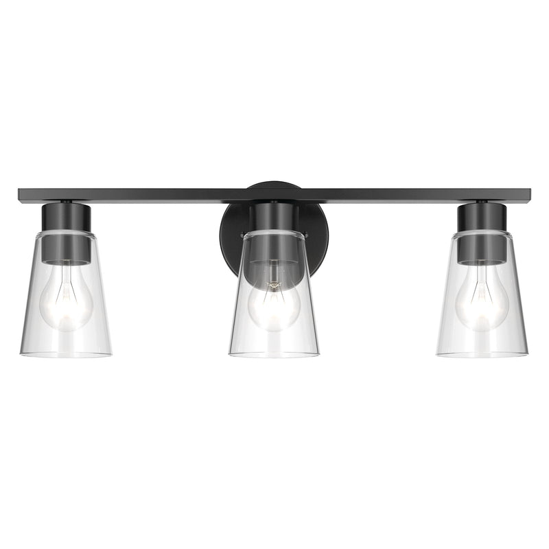 Kichler Stamos 22.25in 3-Light Bathroom Vanity Light | Modern Black Steel and Clear Glass | Bathroom Vanity | 22.25 x 8.25 in | Model 55121BKCLR