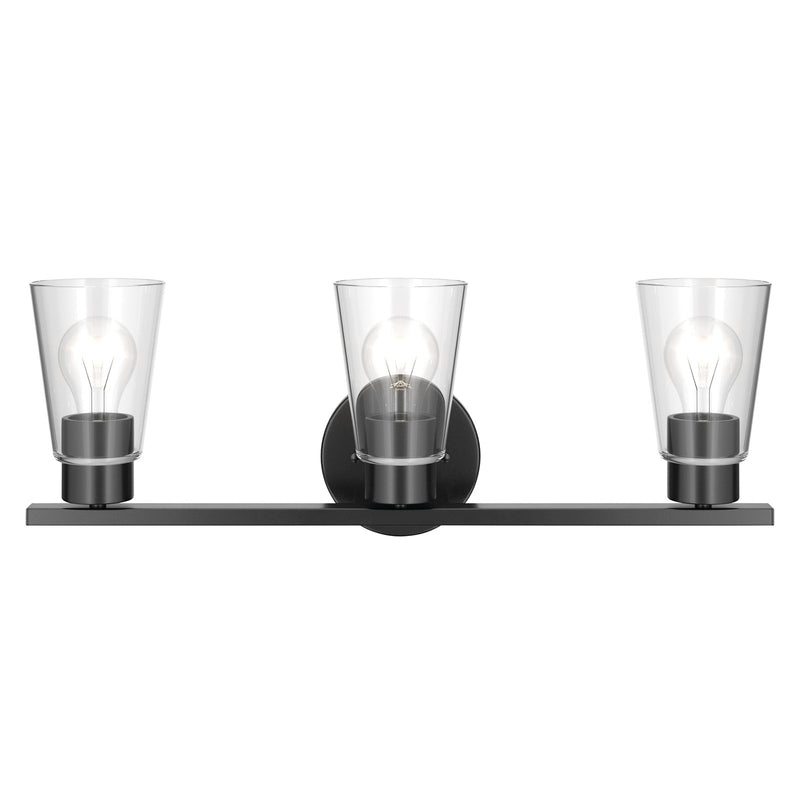 Kichler Stamos 22.25in 3-Light Bathroom Vanity Light | Modern Black Steel and Clear Glass | Bathroom Vanity | 22.25 x 8.25 in | Model 55121BKCLR