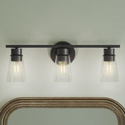 Kichler Stamos 22.25in 3-Light Bathroom Vanity Light | Modern Black Steel and Clear Glass | Bathroom Vanity | 22.25 x 8.25 in | Model 55121BKCLR