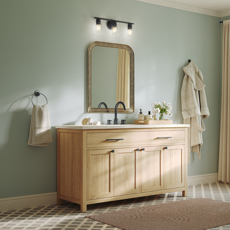 Kichler Stamos 22.25in 3-Light Bathroom Vanity Light | Modern Black Steel and Clear Glass | Bathroom Vanity | 22.25 x 8.25 in | Model 55121BKCLR