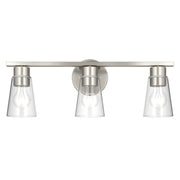 Kichler Stamos 22.25in 3-Light Vanity Light | Modern Brushed Nickel Steel and Clear Satin Etched Glass | Bathroom Vanity | 22.25 x 8.25 in | Model 55121NICLR