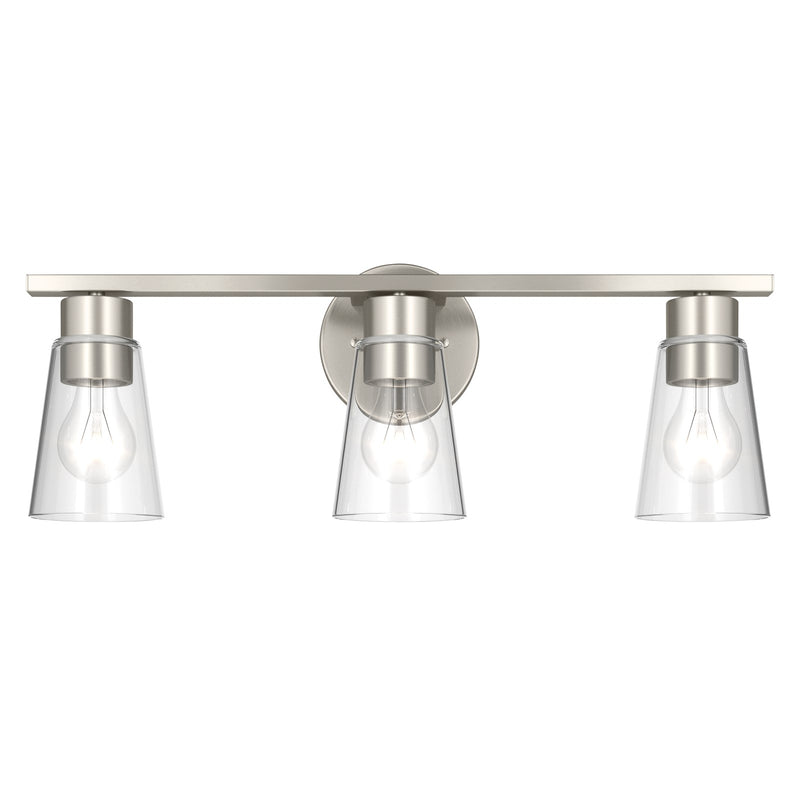 Kichler Stamos 22.25in 3-Light Vanity Light | Modern Brushed Nickel Steel and Clear Satin Etched Glass | Bathroom Vanity | 22.25 x 8.25 in | Model 55121NICLR