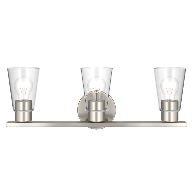 Kichler Stamos 22.25in 3-Light Vanity Light | Modern Brushed Nickel Steel and Clear Satin Etched Glass | Bathroom Vanity | 22.25 x 8.25 in | Model 55121NICLR