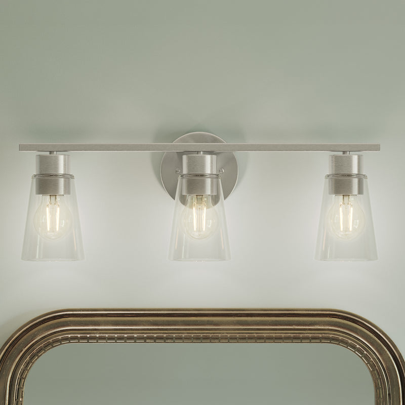 Kichler Stamos 22.25in 3-Light Vanity Light | Modern Brushed Nickel Steel and Clear Satin Etched Glass | Bathroom Vanity | 22.25 x 8.25 in | Model 55121NICLR