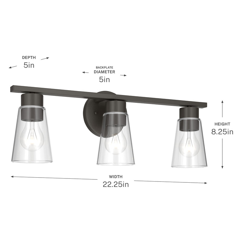 Kichler Stamos 22.25in 3-Light Vanity Light | Modern Olde Bronze Steel and Clear Satin Etched Glass | Bathroom Vanity | 22.25 x 8.25 in | Model 55121OZCLR