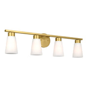 Kichler Stamos 31.25in 4-Light Vanity Light | Modern Brushed Gold Steel and Clear Satin Etched Glass | Bathroom Vanity | 31.25 x 8.25 in | Model 55122BG