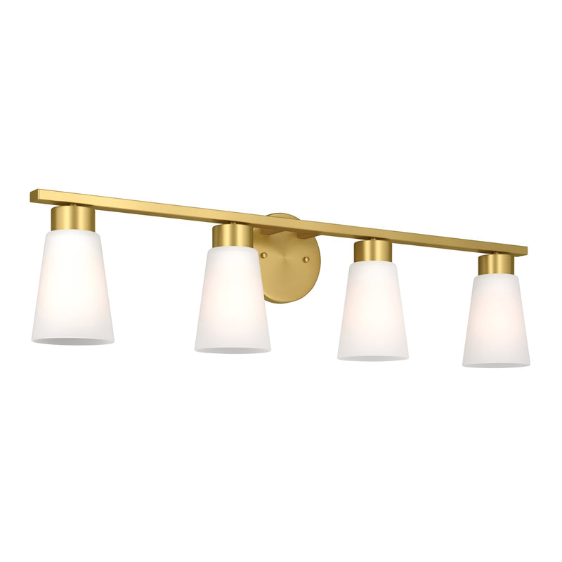 Kichler Stamos 31.25in 4-Light Vanity Light | Modern Brushed Gold Steel and Clear Satin Etched Glass | Bathroom Vanity | 31.25 x 8.25 in | Model 55122BG