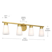 Kichler Stamos 31.25in 4-Light Vanity Light | Modern Brushed Gold Steel and Clear Satin Etched Glass | Bathroom Vanity | 31.25 x 8.25 in | Model 55122BG
