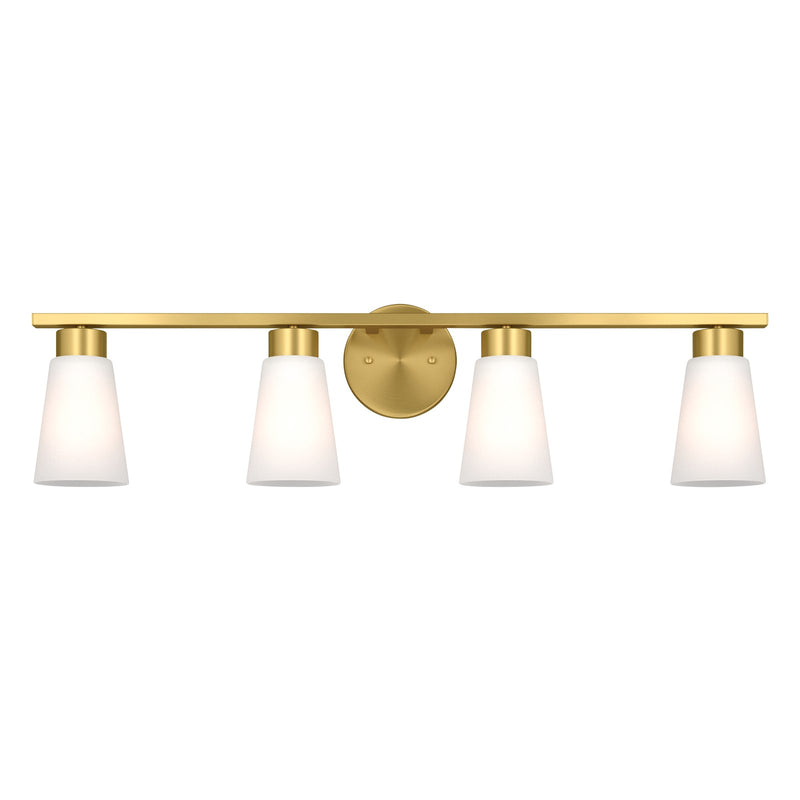 Kichler Stamos 31.25in 4-Light Vanity Light | Modern Brushed Gold Steel and Clear Satin Etched Glass | Bathroom Vanity | 31.25 x 8.25 in | Model 55122BG